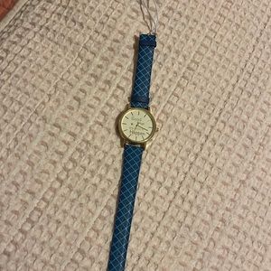 Ladies wristwatch, blue geometric band with inspirational words on face